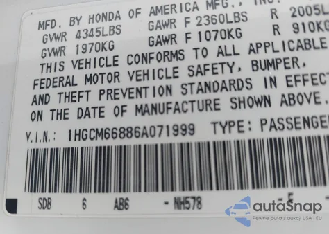 2006 Honda Accord 3.0 Ex from USA, damaged, VIN 1HGCM66886A071999